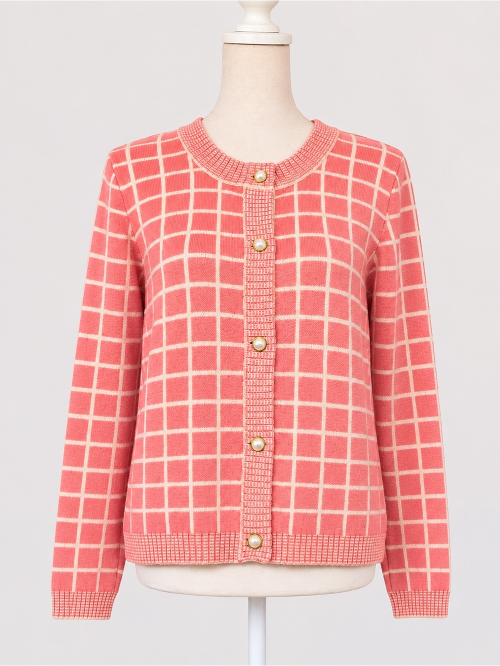 Cyrus Pink Windowpane Knit Cardigan Sweater - Size Small
